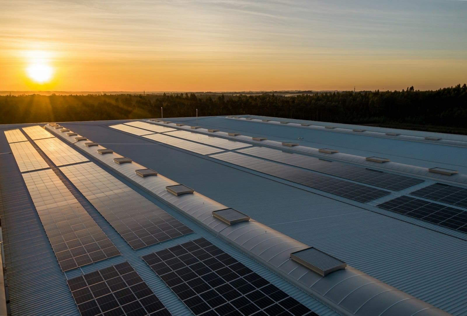 Zonnepanelen op een dak bij zonsopkomst